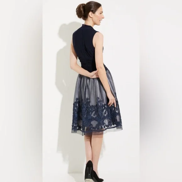 SLNY Floral Knee Length A Line Dress Sz 18 Navy Romantic Goth Whimsigoth Fairy - Picture 3 of 15